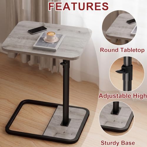 GOYLSER Large C Shaped End Table for Couch, Height Adjustable Living Room Rotating Couch Tray Tables Sofa Table Tv Trays for Bedroom, Swivel Wooden Side Table for Small Space, Grey