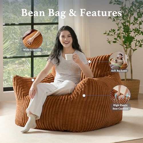 Giant Plush Bean Bag Chair for Adults with Armrests - Oversized Comfy Orange Beanbag Lounge Lazy Floor Sofa Accent Chair for Living Room, Bedroom & Dorm, Cozy Fluffy Single Cloud Mini Couch