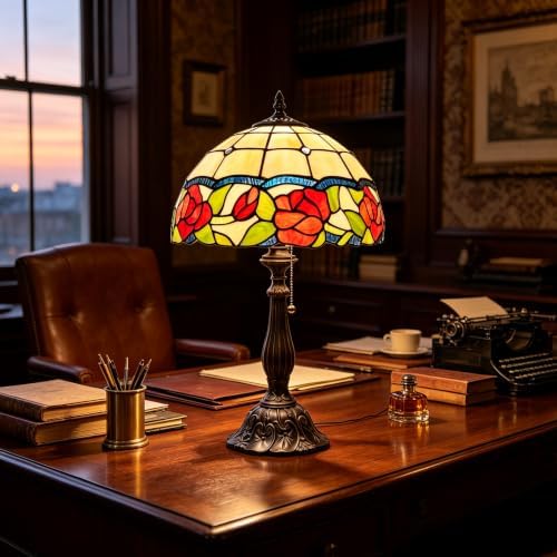 Tiffany Stained Glass Lamp Border Red Rose Table Lamp