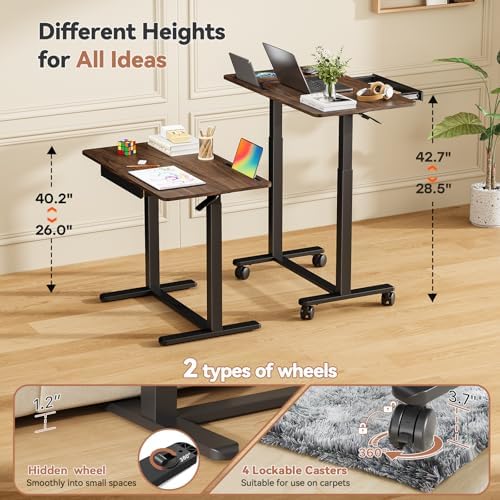 Mobile Standing Desk with Drawer, Height Adjustable, 35" Walnut