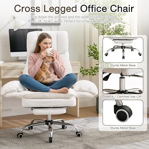 JOMEED Cloud Cross Legged Office Chair with Footrest,Flip Armrest,White