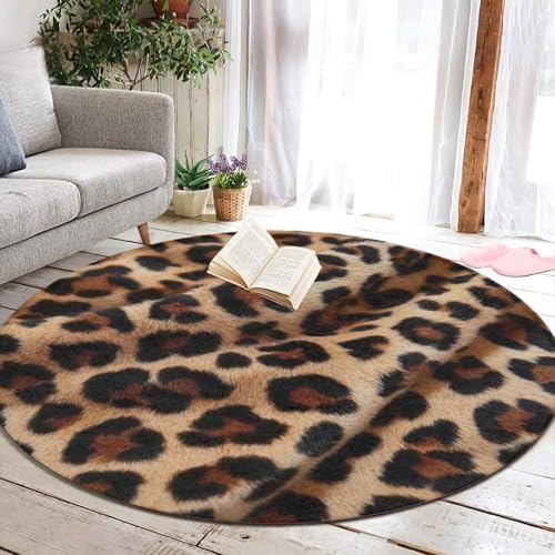 Large Home Decor Mat, Soft Round Yoga Carpet, Non Slip Machine Washable Kitchen Office Circle Rug Cheetah Leopard Print