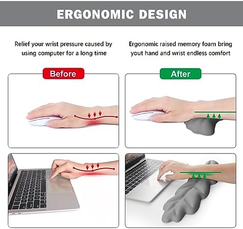 Keyboard Wrist Rest Pad Set, Leaf Shape PU Leather Memory Foam Wrist Cushion Support,Mouse Wrist Rest Pad,Non-Slip Wrist Support for Easy Typing Pain Relief, Grey Leaf