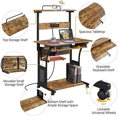 Yaheetech Small 3-Tier Rolling Computer Desk, Power Outlet, Rustic Brown