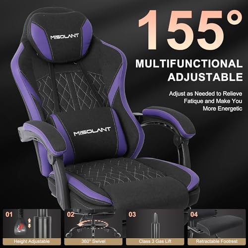 Misolant Gaming Chair, Fabric Gamer Chair with footrest for Adults, High Back Ergonomic Computer Game Chair with Adjustable Headrest and Massage Lumbar Support, 90-155° Recline Free, Purple