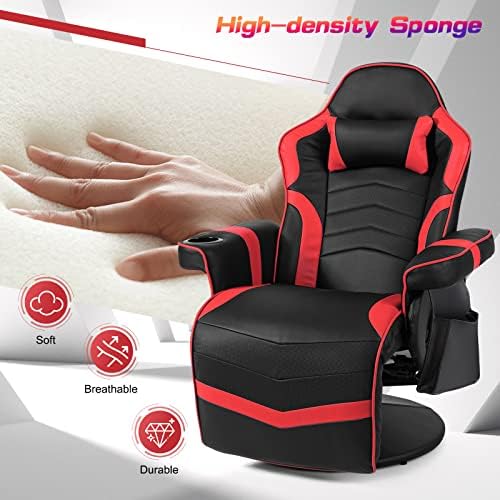 GYMAX Gaming Chair with Footrest, Massage Video Game Chairs for Adults with Remote, Adjustable Backrest, Headrest, Cup Holder & Side Pocket, Ergonomic High Back Office Computer Chair (Red)