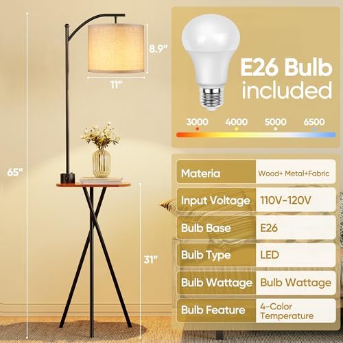 ROTTOGOON Floor Lamp with Table, End Table Lamp with Remote Control and Charging Station(USB A & Type-C & AC Port), 4 Color Temperatures, Floor Lamps for Living Room, Bedroom and Home Office,Black