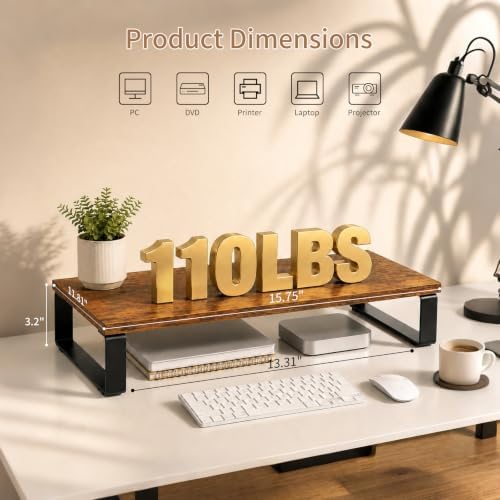 XINYAO 2 Pack Monitor Riser for Desk, Wood and Steel, 16*12*3 inch, Brown