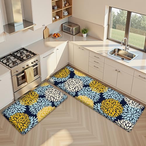 Kitchen Mats Set of 2 Cushioned Anti Fatigue Kitchen Rugs Non Slip Waterproof Kitchen Runner Memory Foam Floor Mat Comfort Standing Mat for Sink,Office,Laundry, Navy Yellow