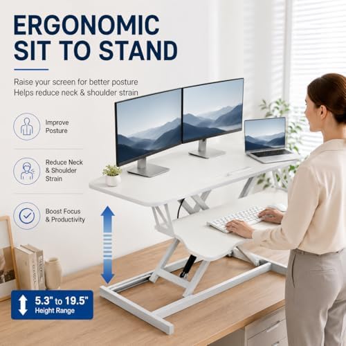 32 Inch Desk Converter, Height Adjustable Stand Up Dual Monitor and Laptop Workstation, Desk Riser for Standing with Wide Keyboard Tray, Standing Desk Topper with Spring Loaded Lift (White)