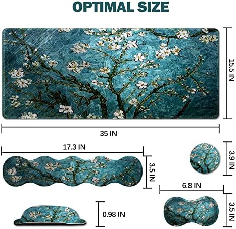 Upgraded Extended Gaming Mouse Pad, Keyboard Wrist Rest Pad, Wrist Support Mousepad Set, Artso Large Stable Rubber Base Stitched Edges, Multifunctional Desk Pad 35 x15.5 in, Blue Van Gogh Painting