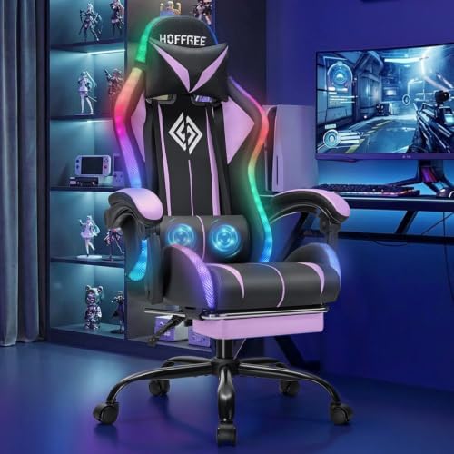 RGB Gaming Chair with LED Lights Massage Ergonomic Computer Chairs-Purple