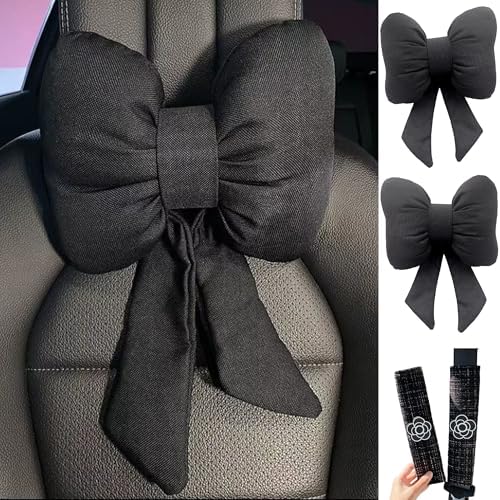 Car Seat Neck Pillow Elegant Bow Car Headrest Pillow Set - Cotton Linen Neck Cushion Universal Fit for Women Comes with 2 Seat Belt Covers (Black Set 4Pcs)
