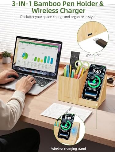 Bamboo Pen Holder for Desk with Wireless Charger, Desktop Organizer