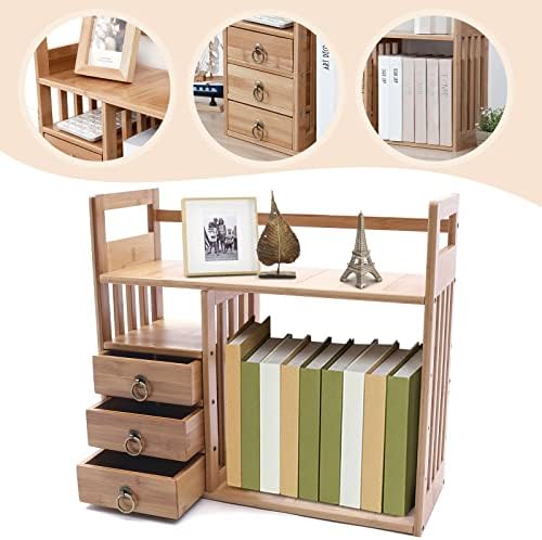 Bamboo Desk Book Shelf,Desktop Bookshelf Storage Rack Tabletop Standing Organizer Bookshelf with 3 Drawers,Freestanding Desk Bookcase for Home Dormitory Offices (Natural)
