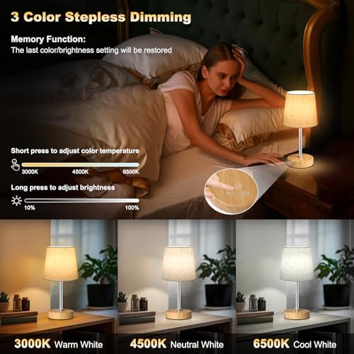 Wowag Small Cordless Table Lamp,5000mAh Rechargeable Battery Operated Desk Lamp,3 Colors & 7 RGB Stepless Dimmable, Portable Touch Bedside Night Light for Patio Restaurant Home,Wood Base,Flaxen Shade