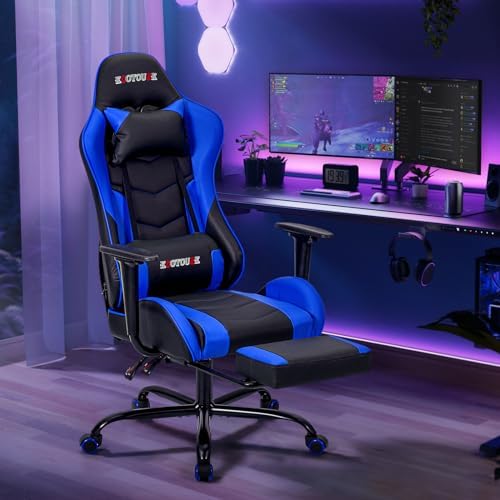 ECOTOUGE Blue Ergonomic PC Massage Gaming Chair with Footrest