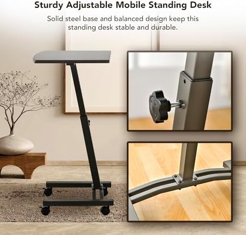 Displays By Jack Adjustable Height Rolling Laptop Desk, Portable Sit Stand Computer Table on Wheels – 24 x 16 in Mobile Workstation for Home Office, Classroom, Study Room