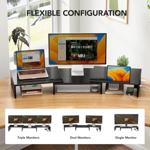 HUANUO Dual Monitor Stand with USB Ports, Adjustable Length & Angle, Black