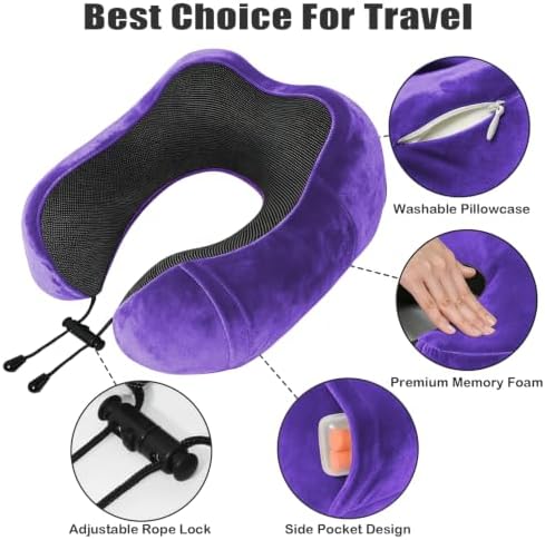 Travel Pillow, Memory Foam Neck Pillow for Traveling, U Shape Neck Pillow Airplane Portable Flight Pillow Travel Kit with 5D Contoured Eye Masks and Earplug for Plane Train Car Home Office