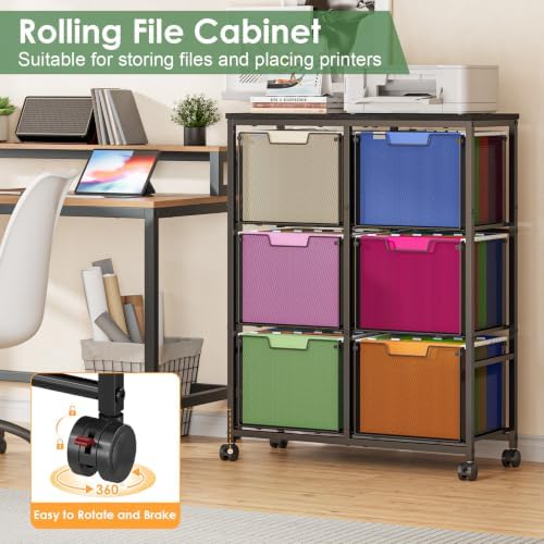 Sbanmao 6 Drawer Lateral File Cabinet with Wheels, Mobile File Cabinet & Printer Stand, Heavy Duty Wood Top for Large Printers, Under Desk Storage Cabinet Fits Letter Size Files for Home Office, Black