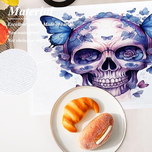 Shrahala Halloween Watercolor Skull Set Of 4 12 X 18 Inch Linen Placemats , Purple Blue Gothic Butterflies Flowers Burlap Table Mat Washable Double Layered Heat Insulation For Indoor/Outdoor