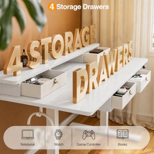 Grandder Electric Standing Desk with Four Drawers, Sit to Stand Up Height Adjustable Desk with Storage Shelf for Home Office, 47 * 28 Inch, Study, Ergonomic Adjustable Computer Desk, White