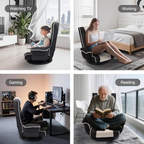 Swivel Floor Chair for Adults, 14-Position Adjustable Floor Gaming Chair with Back Support & Armrests, Foldable Lazy Sofa Lounge, Breathable Mesh for Gaming Reading Meditation (Black/Beige)