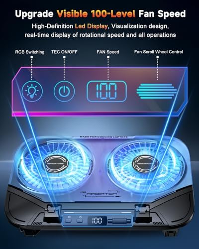 Upgraded Laptop Cooling Pad with Dual TEC Coolers & 2 Quiet Fans-RGB Laptop Cooler for 12-21in Laptops, Gaming Laptop Fan Cooling Pad Stand with Phone Holder, 100-Speed & 5-Height Adjustable, USB Port