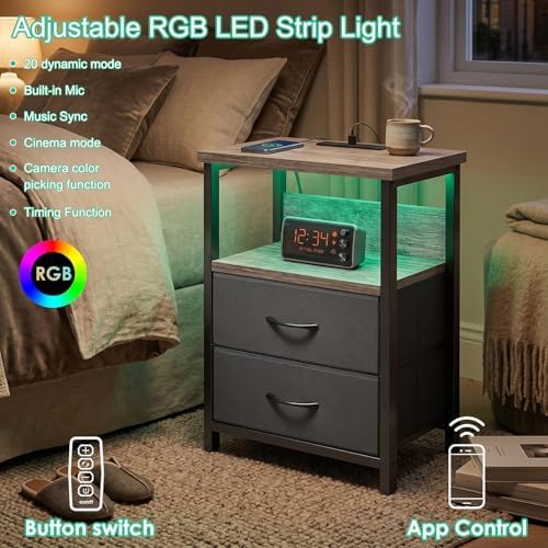 Fixwal Night Stand with Charging Station, Led Nightstand, 2 Fabric Drawers