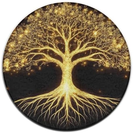 Large Home Decor Mat, Soft Round Yoga Carpet, Non Slip Machine Washable Home Office Circle Rug Gold Black Tree Life Celtic Art