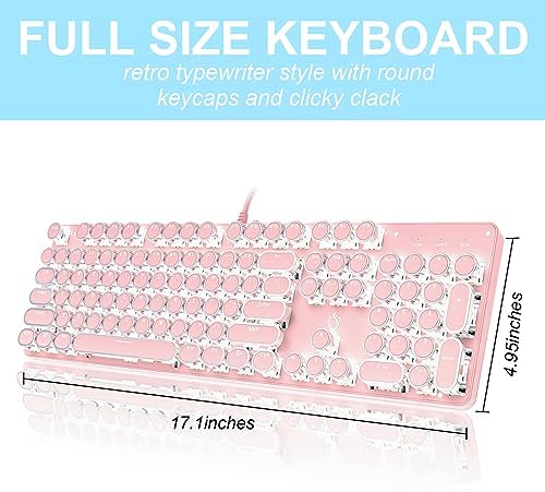 YSCP Typewriter Style Mechanical Gaming Keyboard White Backlit Wired with Blue Switch Retro Round Keycap 104 Keys Keyboard (Pink)