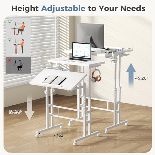 Simple Deluxe Split Top Rotating Standing Desk on Wheels – 23.6" Manual Adjustable Height Mobile Laptop Computer Table – Sit Stand Rolling Workstation with Tilt Function – White
