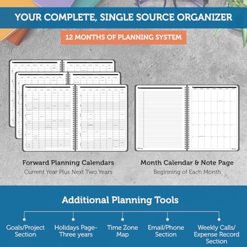 Planner Pad Spiral Bound January-December 2026/ Calendar Year 8 1/2" x 11" Large 3-Tier Funnel Down 12 Month Organizer, Black Cover/Black Ink
