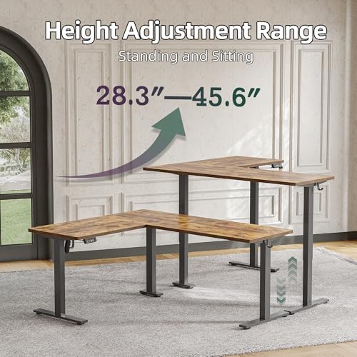 TIQLAB 63 x 55 inch L Shaped Standing Desk Adjustable Height, Electric Corner Standing Desk, Sit Stand Computer Table with Splice Board, Rustic Brown