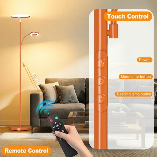 marctronic Orange Floor Lamp, 42W 4000LM Super Bright LED Lamp with Reading Light for Living Room Bedroom Office, Touch Control, Dimmable Standing Lamp with Remote