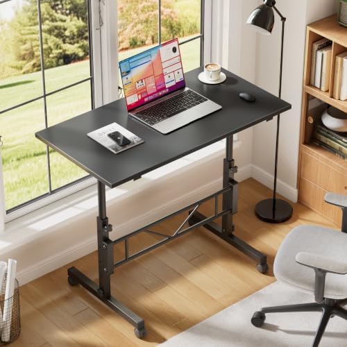 VECELO Small Standing Desk Adjustable Height, Mobile Computer Workstations with Wheels, Portable Rolling Laptop Table for Walking Pad, Home Office, Dark Black
