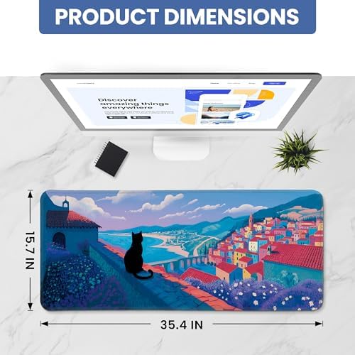 Aesthetic Desk Mat, Cute Hillside Cat Desk Pad Protector for Work & Decor, 35.4" x 15.7", Pretty Non-Slip Extended Mouse Pad for Office or Home