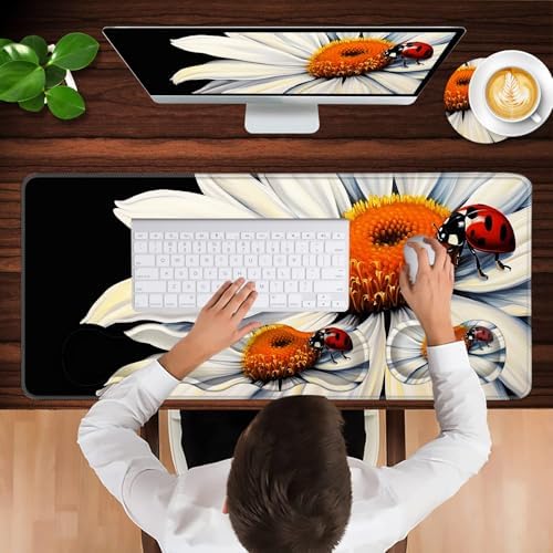 Keyboard Wrist Rest and Mouse Pad with Wrist Support Set Ergonomic Coaster,Memory Foam,Easy Typing Pain Relief,Large XL Desk Mat 31.5"x 11.8",Ladybug on Daisy Flower
