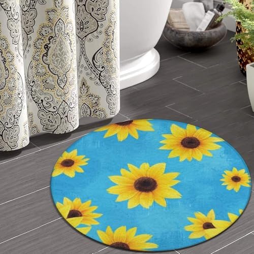 Large Machine Washable Circular Rugs, Home Decor Round Mat for Living Room Sofa Office Sunflower