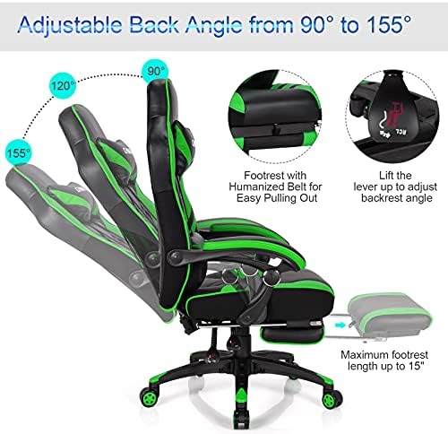 GYMAX Gaming Chair, Ergonomic Computer Chair with Footrest, Linkage Armrests & Lumbar Cushion, Big Wide High Back Video Gaming Chair, Reclining Office Rolling Chair for Adult/Teens (Green)