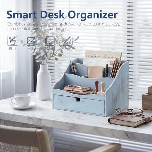 RebeeVision Mail Organizer: Wood Desk Organizer with 4-Slot for Office,Blue