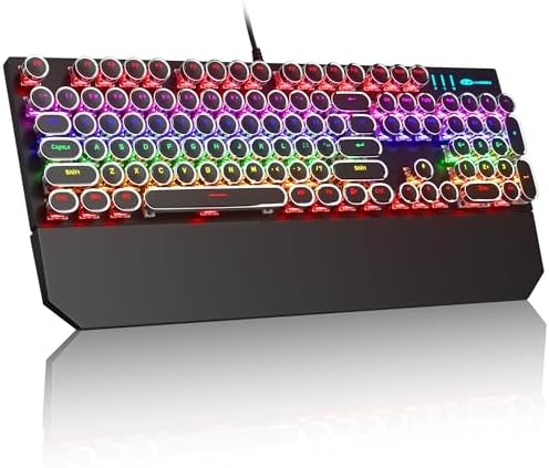 MageGee Typewriter Mechanical Gaming Keyboard, Retro Black Punk Round Keycaps RGB Rainbow Backlit Wired Keyboards for Laptop MAC PC Gamer, with Magnetic Wrist Rest - Blue Switch