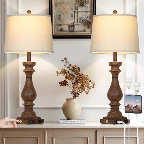 Cinkeda 29" Tall Farmhouse Table Lamp for Living Room Set of 2,Vintage Retro Nightstand Lamps with USB C+A Ports & AC Outlet,3-Way Dimmable Touch Bedside Lamp for Bedroom Side Table,Brown