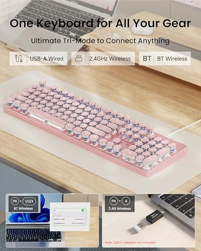 Wireless Typewriter Style Mechanical Keyboard with White Backlit, Pink
