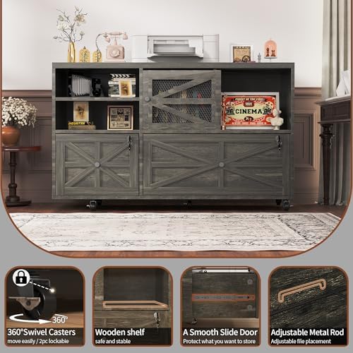 2 Drawer Farmhouse File Cabinet with Lock, Mobile Lateral Filing Cabinet for Letter/Legal/A4 Size, Open Storage Adjustable Shelf for Home Office Cabinets, Gray