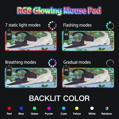 15W Wireless Charging Mouse Pad for Desk Cat Stretching RGB Gaming Mouse Pad Mat with 14 Light Modes & Non-Slip Rubber Base Smooth Surface for Gaming PC Laptop
