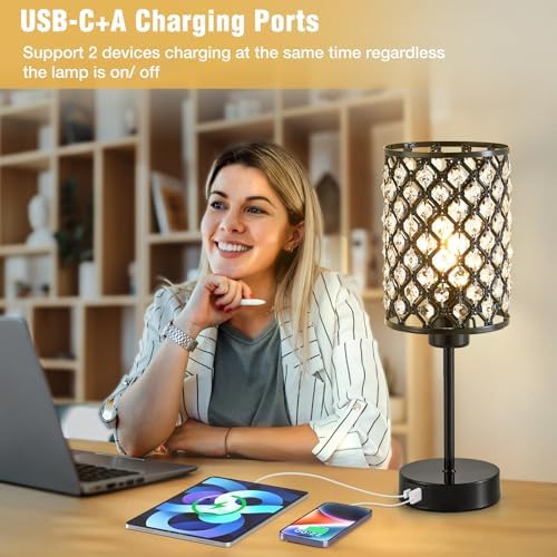 Crystal Table Lamp, Black Touch Lamp with USB C+A Port, 3-Way Dimmable