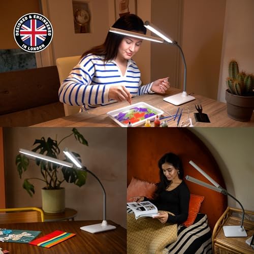 DuoPro Table Lamp - Double Shade LED Task Lamp, 4 Brightness Levels, 6,000K Daylight, 2,100 Lux, Anti-Glare, Flexible Arm, Touch Dimmer - Ideal for Sewing, Crafting, Reading