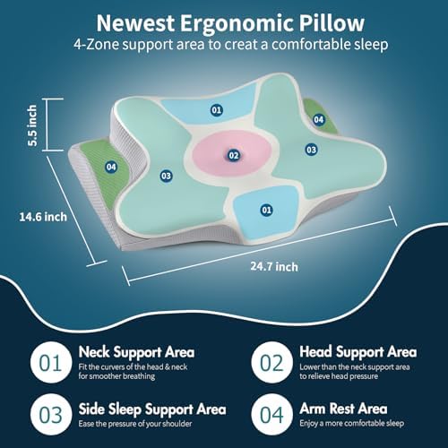 Cervical Neck Pillow for Pain Relief - Ergonomic Pillow Side Sleeper Pillow for Sleeping, Orthopedic Bed Pillow Neck Support Pillow, Contour Memory Foam Pillows for Side Back Stomach Sleepers (Grey)